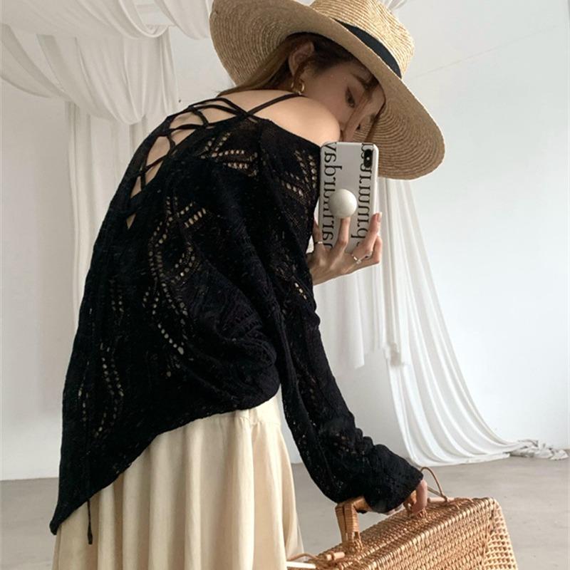 

Модная блузка с длинным рукавом, солнцезащитная накидка, тонкая вязаная повязка, женская блузка с вырезами, кружевной топ на шнуровке, свободная одежда для кондиционирования воздуха, повседневные летние рубашки one size чёрный