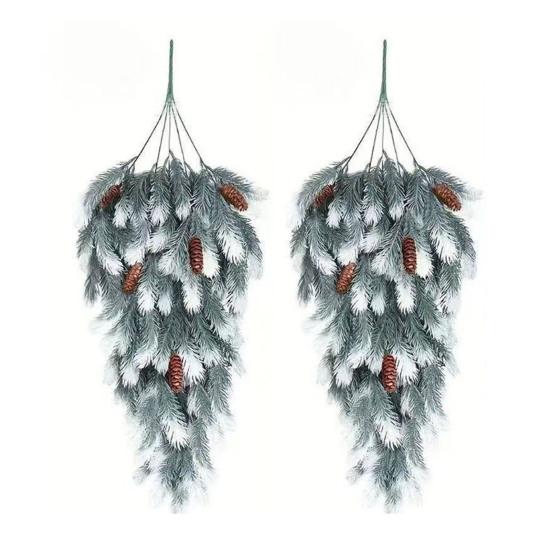 

2 шт. Рождественский каплевидный сваг венок искусственная норфолкская сосна лестничный сваг с сосновыми шишками зимнее рождественское подвесное украшение гирлянда из зелени 2pcs зелёный/белый