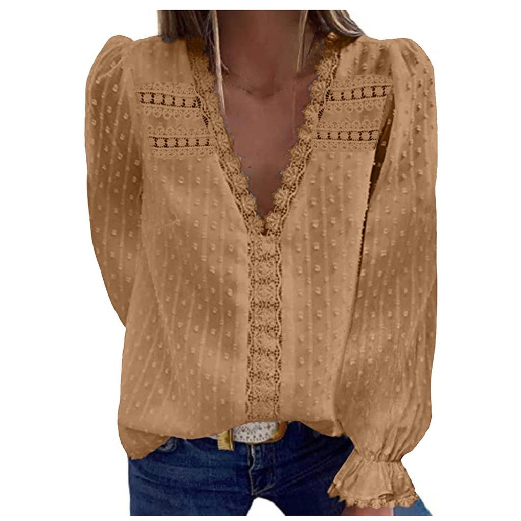 Womens Fashion Lace Blouse V-neck Chiffon Lace Long Sleeve T-Shirt Tops