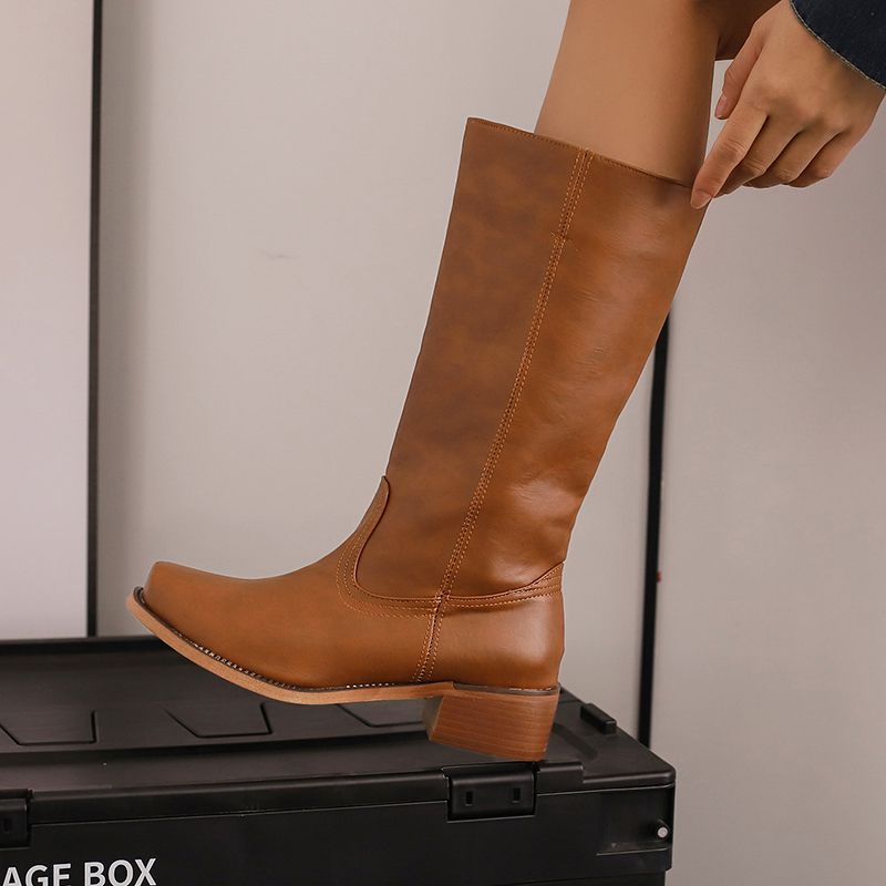 2025 Vintage Western Boots for Women Square Toe Block Heels 4.5cm Slip on Plus Size 47 48 Leisure Daily Mid Calf Bota