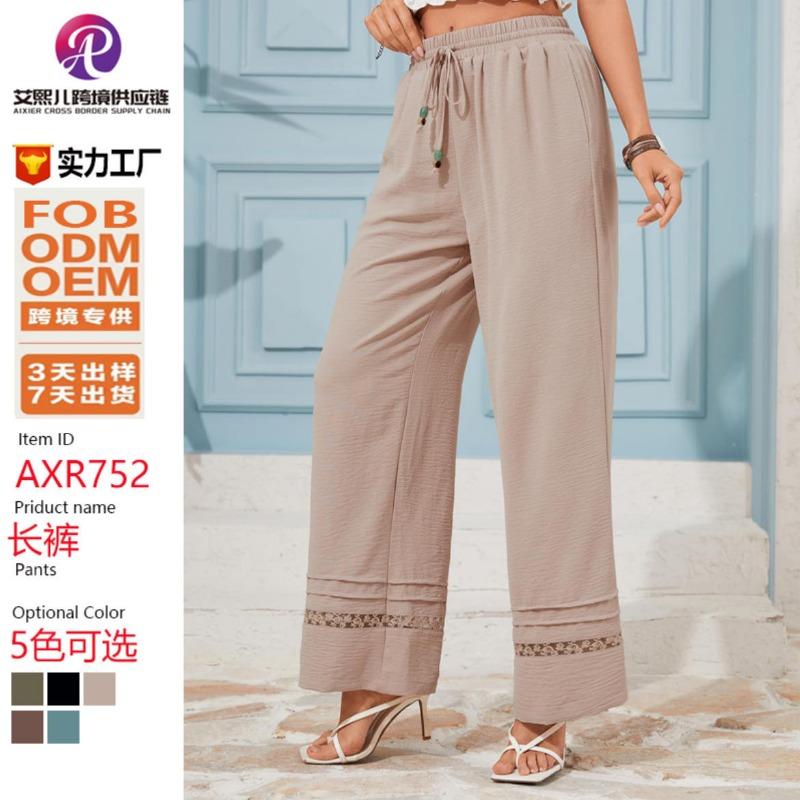 Casual Loose High Waist Solid Straight Hollow Out Wide Leg Cropped Pants For Women