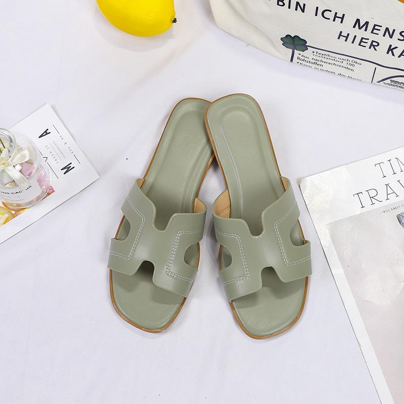 Solid Color One-word Slippers Spring and Summer Outer Wear Ins Beach Non-slip Cool Slippers Large Size