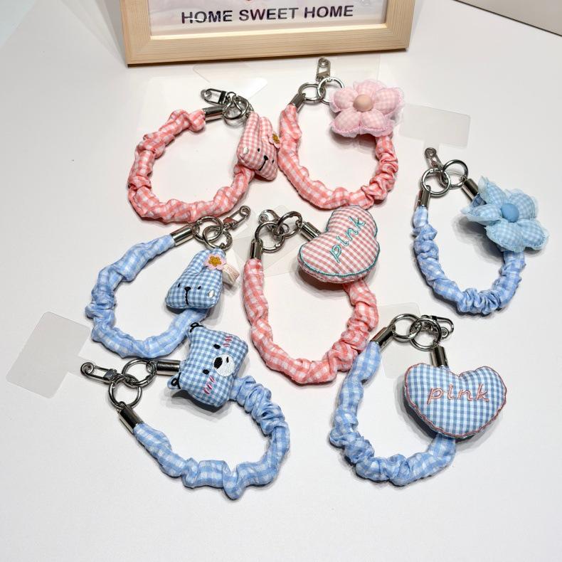 Plaid Fabric Phone Wrist Strap & Keychain with Elastic Hair Tie