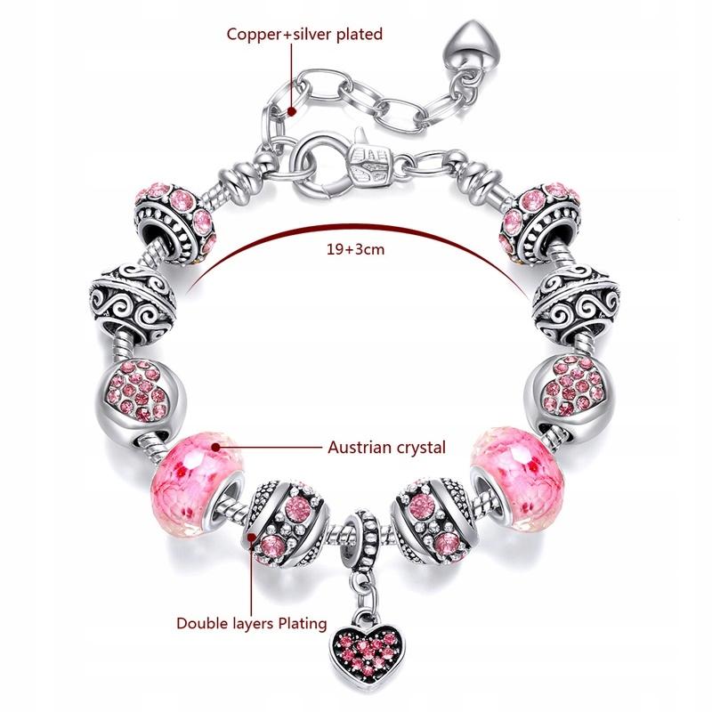 Bracciale Modulare Argento Perline Rosa Ciondoli Regolabile 19 - 22 cm