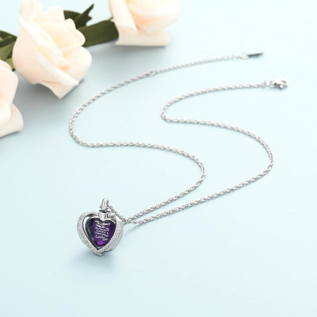 shajwo Cremation Jewelry Angel Wing Heart Urn Ashes Necklace for Women Men Birthstone Loved One Memorial Pendant