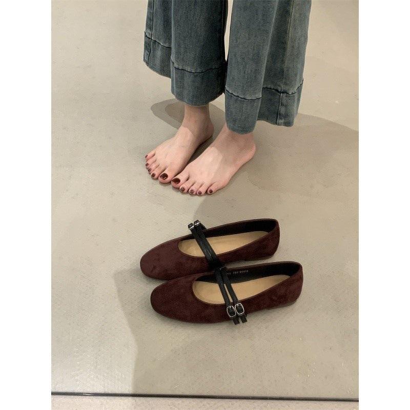 French ballet style one-word buckle single shoes women's shoes 2025 spring and autumn round head Mary Jane shoes suede versatile flats