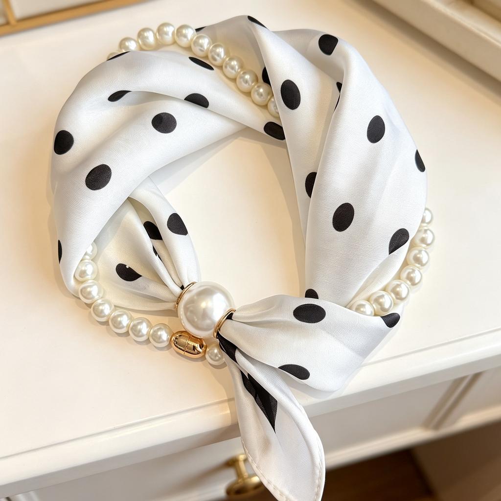 Popular Magnetic Buckle Pearl Necklace Silk Scarf Classic Striped Design Small Scarf Women's Protection Collar Anti-sun Thin Scarf