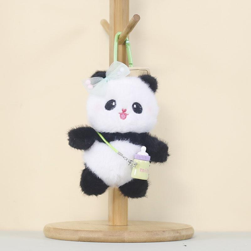Panda Plush Keychain With Cartoon Milk Bottle And Colored Bow For Kids And Collectors