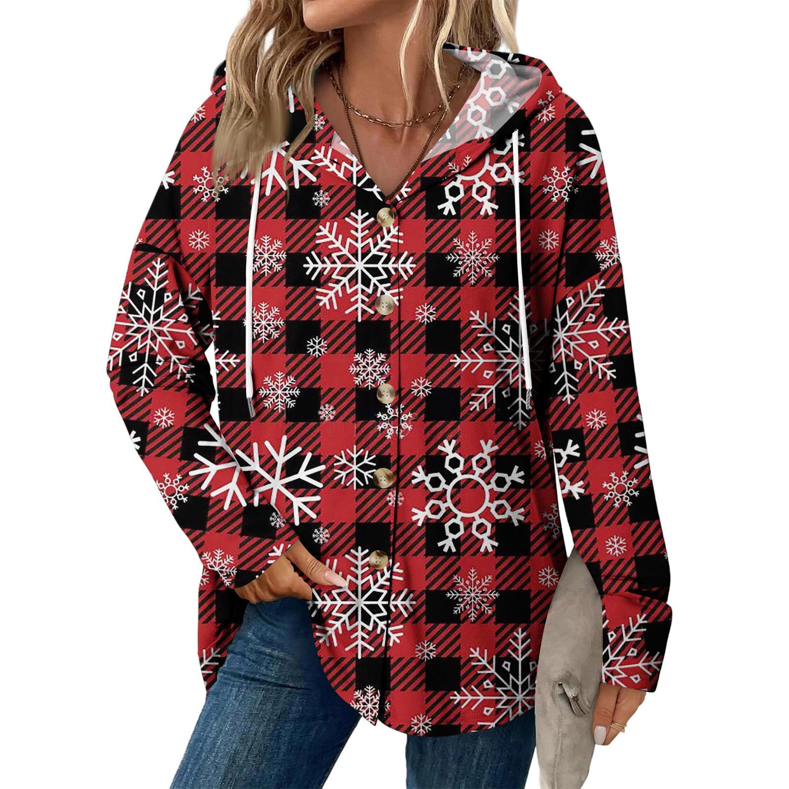 

Рождественская женская мода Повседневная куртка с длинным рукавом реглан на кулиске Винтажная куртка на пуговицах с капюшоном M