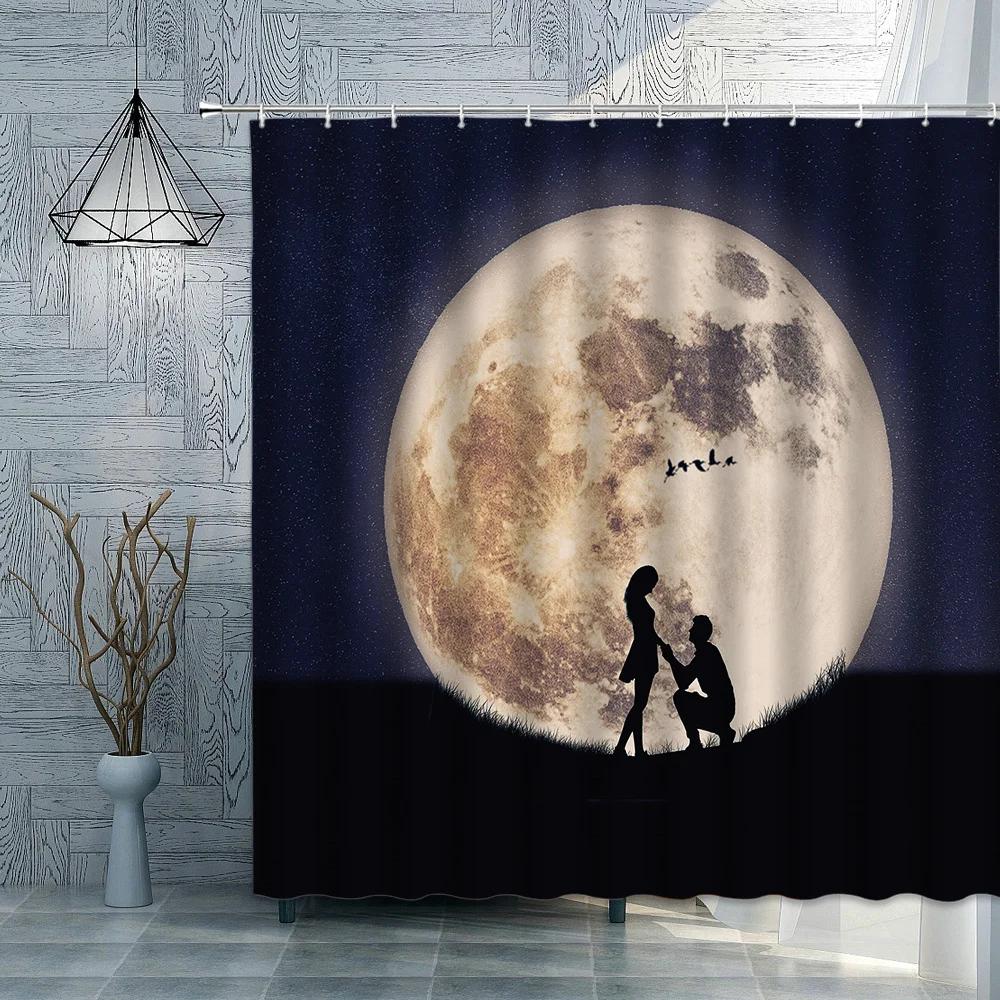 Romantic Lover Shower Curtains Moon Couple Waterproof Polyester Fabric Bathroom Curtain 3D Valentine's Day Decoration