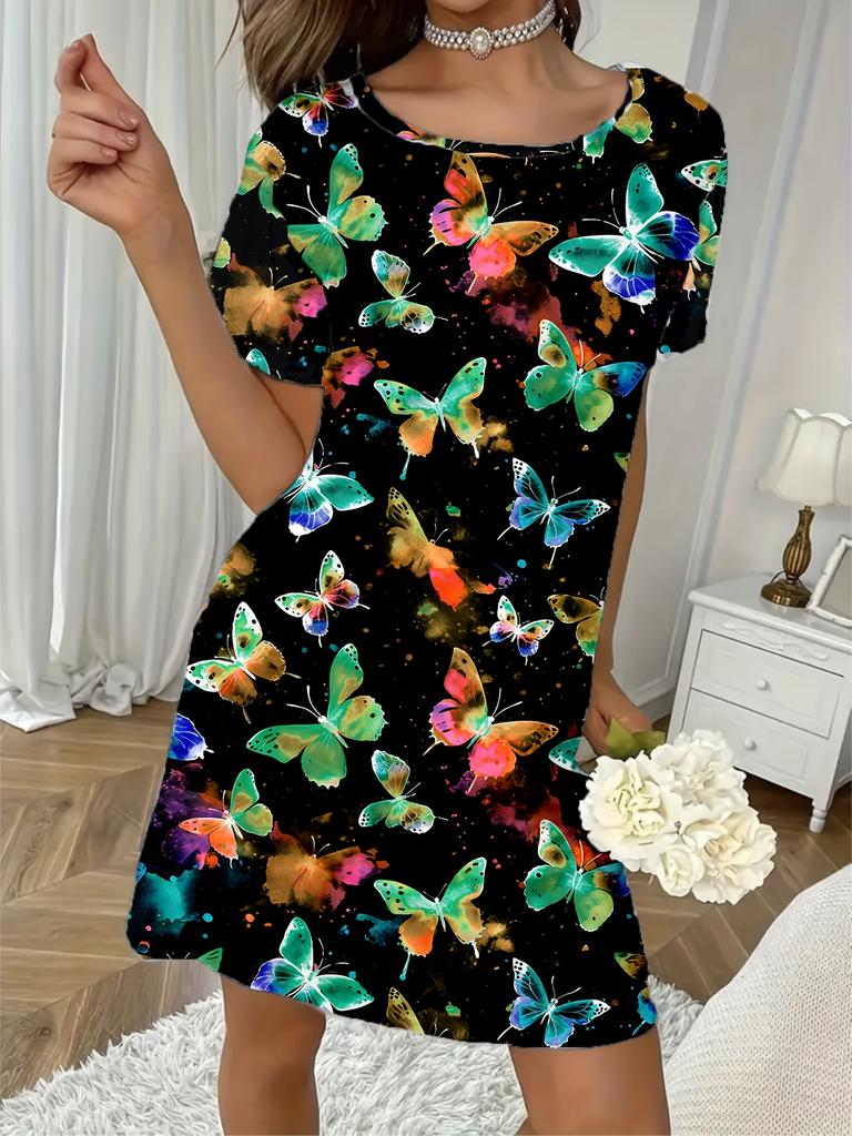 Versatile Loose Print Women's Fashion Casual Crew Neck Casual Dresses