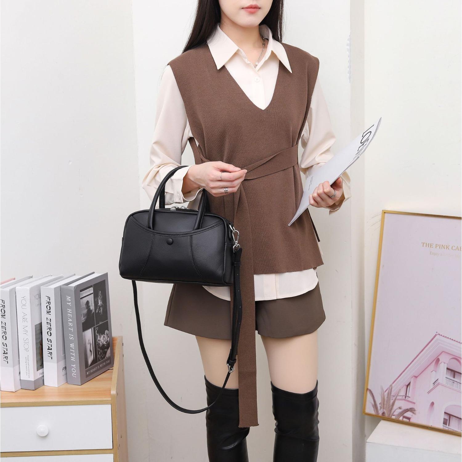 

Женская сумка на плечо из коровьей кожи, женская модная простая сумка-подушка через плечо, практичная сумка-ракушка, однотонная сумка из мягкой кожи чёрный