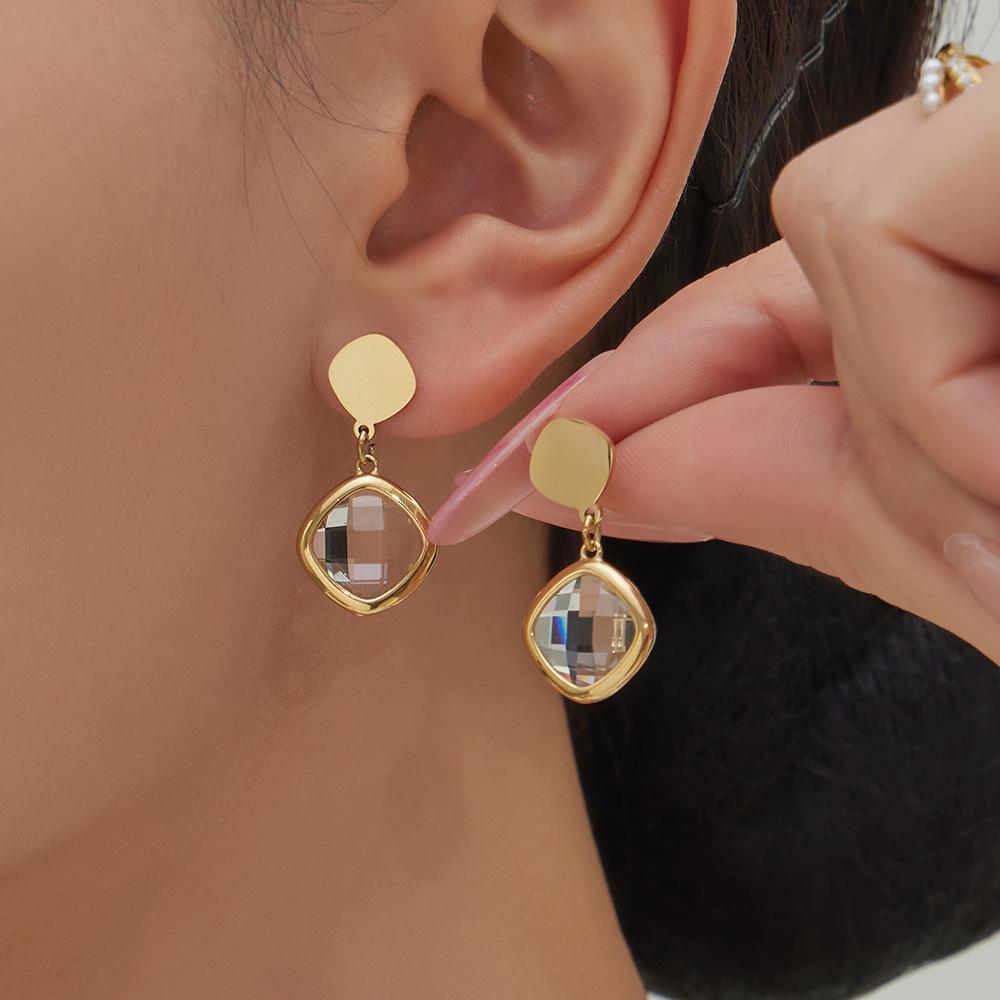 Stylish European & American Stainless Steel Jewelry Set with Square Faceted Glass Stones: Includes Bracelet, Necklace, and Earrings