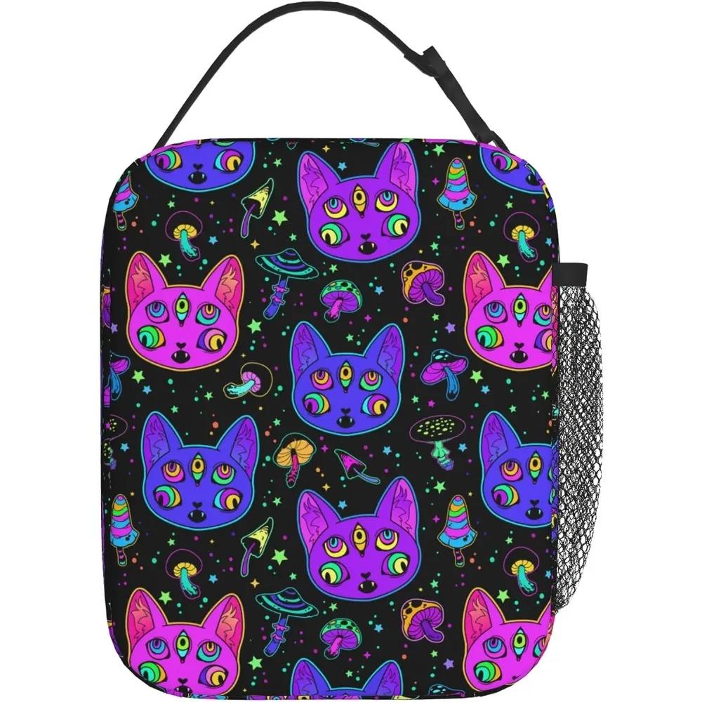 Men Women Eyes Black Cat Goth Mushroom Lunch Bag Snacks Organizer for Work Office Outdoor Picnic Meal Leakproof Halloween