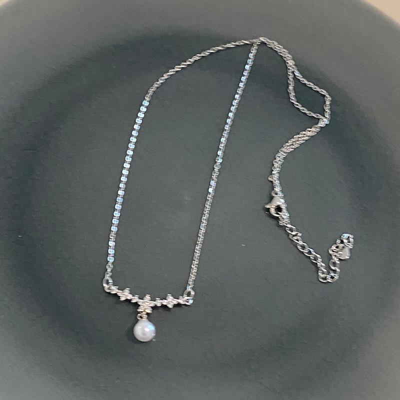 

Серебряное колье S925 с цветочным цирконом и жемчугом - Роскошная цепочка на ключицу для женщин