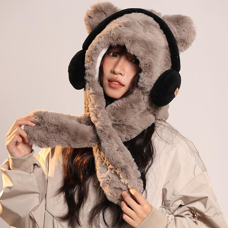 Winter Thickened Cute Headphones Bear Hat Scarf Plush Ear Protection Lei Feng Hat Riding Cold Pullover Hat