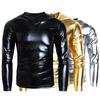 Men T-shirt Glossy Appearance Solid Color Long Sleeve Top V Neck Slim Fit T-shirt Nightclub Party Performance Costumes