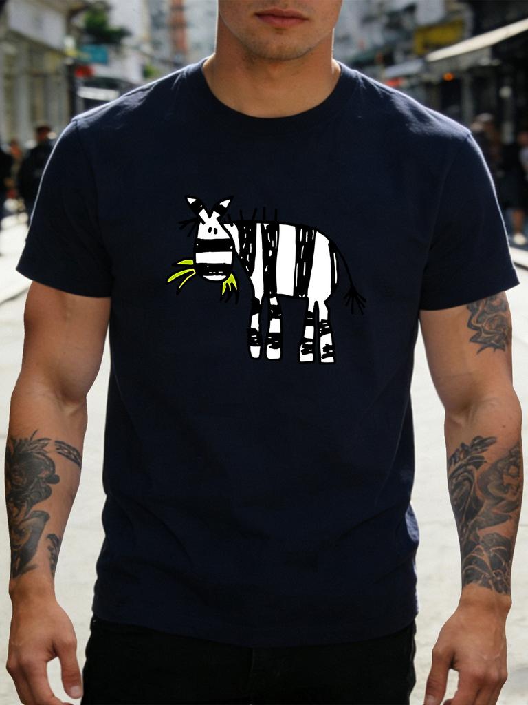 Doodle Zebra Eating Grass Graphic Unisexs Short Sleeve T Shirt Cute Cartoon Animal Crew Neck Soft Cotton Casual Daily Tee For Unisex