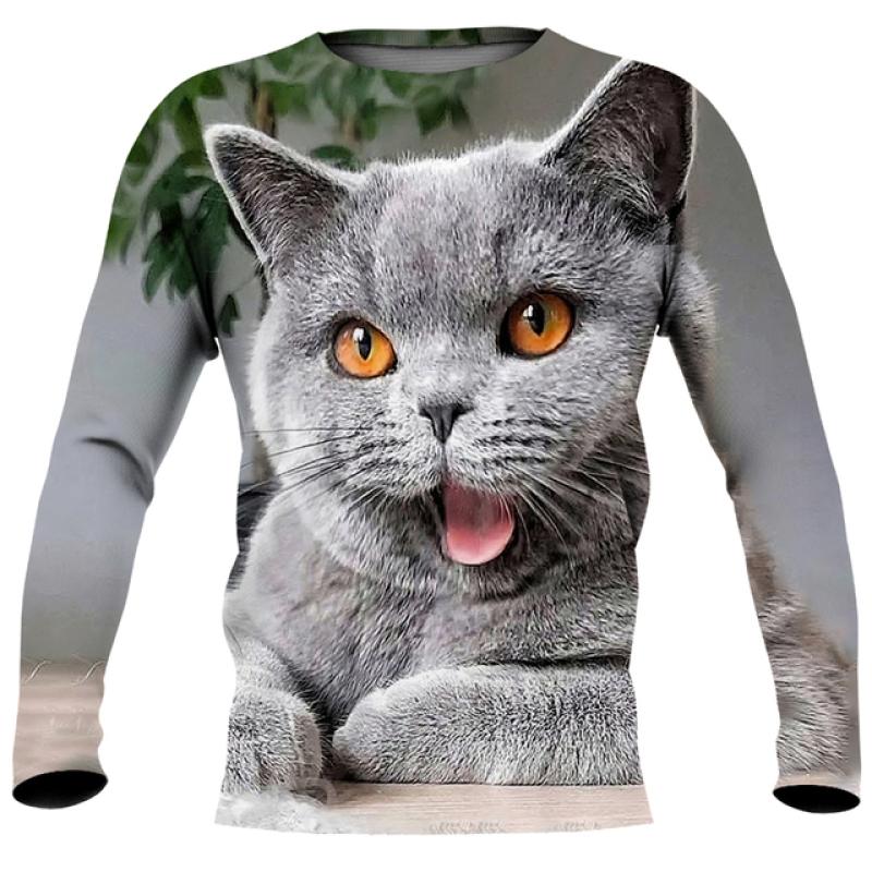 Cute Cat Print Imitation Cotton Long Sleeve Men's T-shirts Spring O-Neck Casual Loose Tee Streetwear Unisex Clothing EU Size 5XL