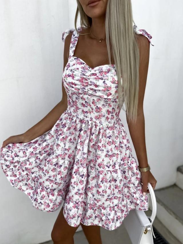 Women's Fashion Casual Printed Broken Flower Waist Bow Short Sleeve Dress