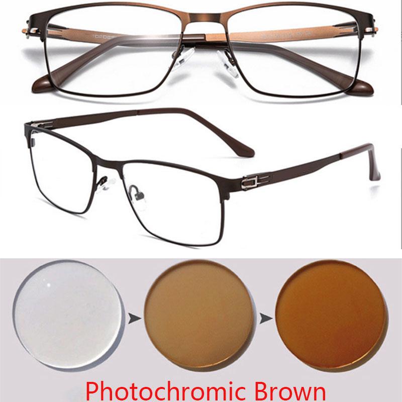 No Screws Design Sun Photochromic Gray Square Prescription Eyeglasses Full Metal Men Power Spectacles 0 -0.5 -0.75 -1.0 To -6.0