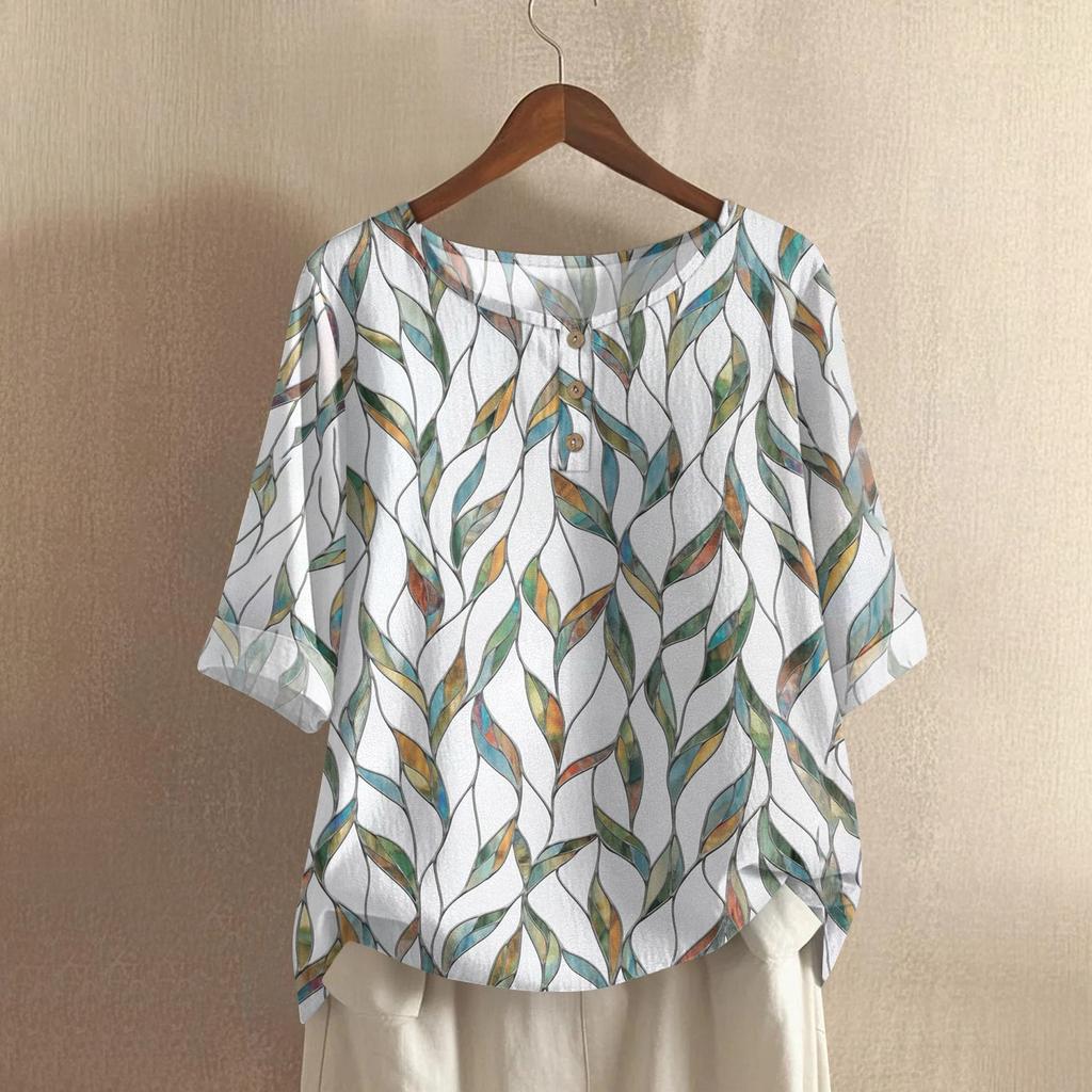 Women's Fashionable And Casual Shirt Half-sleeve Round Neck Print Cotton And Linen Blouse Top