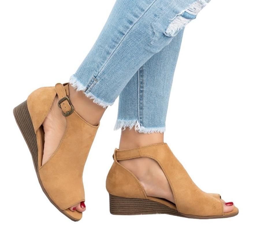 Stylish Women's Ladies Peep Toe Wedge Sandals Featuring Buckle Ankle Strap For Versatile Looks