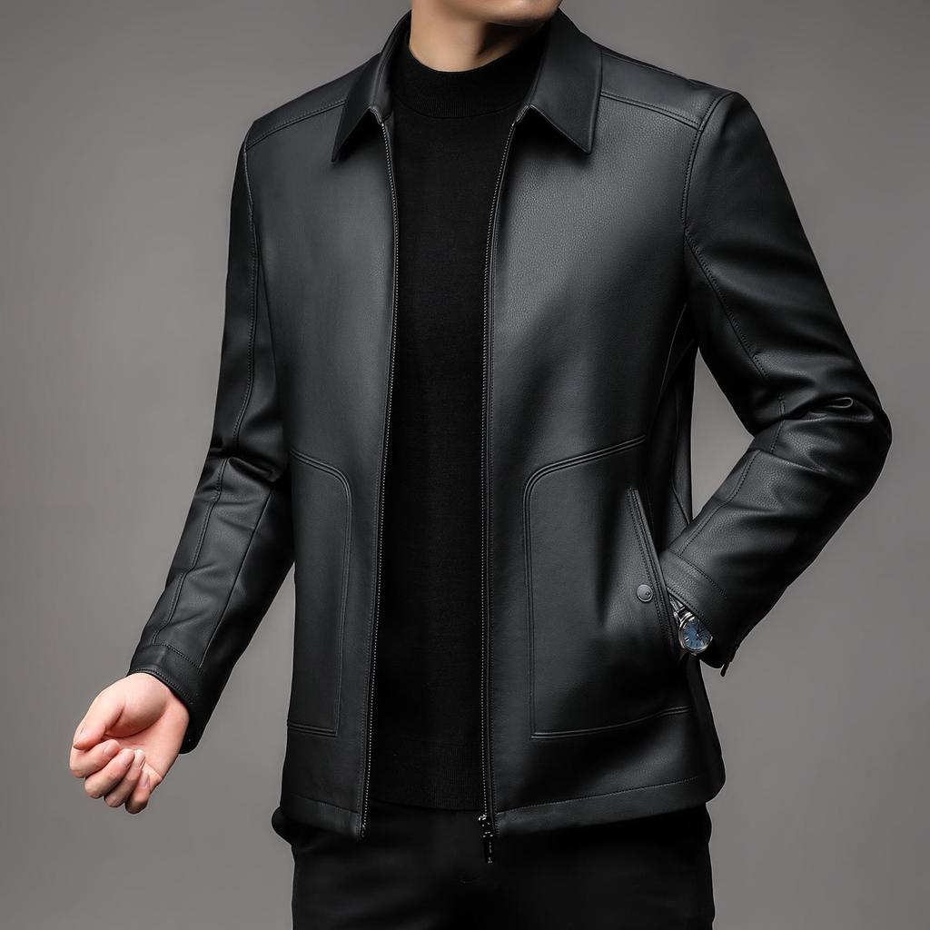 Pánská kožená bunda z ovčí kůže s límečkem pro střední věk - Neformální motorkářské svrchní oblečení ve stylu "táta" s podšívkou z plyše