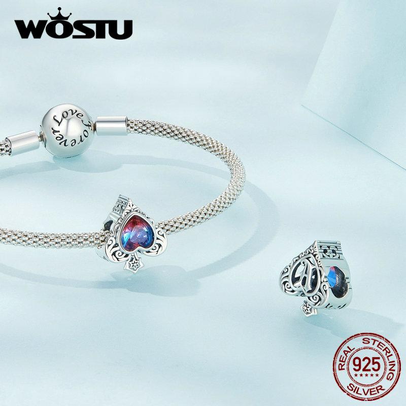 WOSTU 925 Sterling Silver Heart-shaped Spade Bead Charms for Women Bangle and Bracelet DIY Jewelry