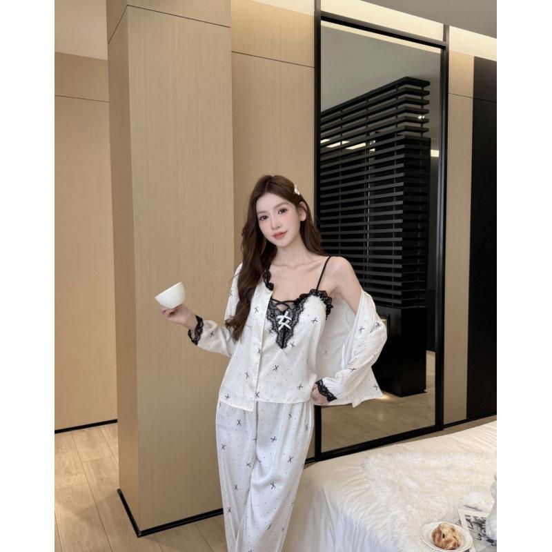 Pajamas Women's Ice Silk Autumn and Winter New Suspender Cardigan Three-piece Set Polka Dot Lace Hollowed Out Pure Princess Style Loungewear