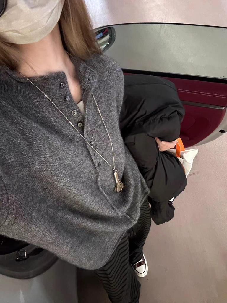 Autumn/Winter Women's 100% Pure Wool Grey Cardigan: Loose, Versatile, Button-Up Knitwear with Half Open Collar