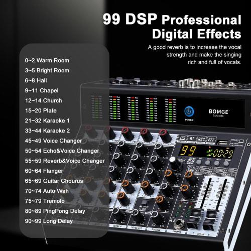 BOMGE Pro Mixer 6-Channel Mixer Console with 99 DSP Effects, +48V Phantom, Bluetooth, USB Interface, 2 AUX, and FX Processor for Studio Recording and