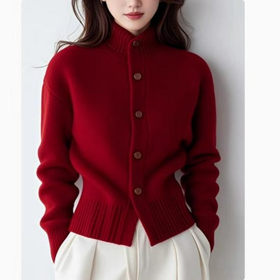 2024 Red Turtleneck Wool Knit Cardigan – Stylish Slim-Fit Sweater