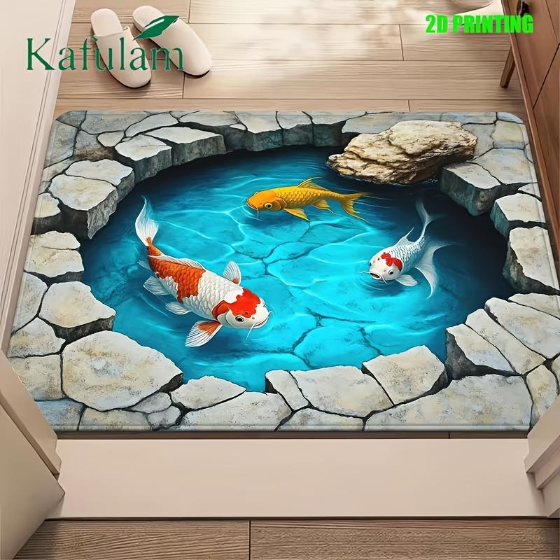 3D Visual Koi Fish Pond Doormat Stone Edge Water Pool Print Non Slip Floor Mat For Bathroom Entryway Indoor Home Decor
