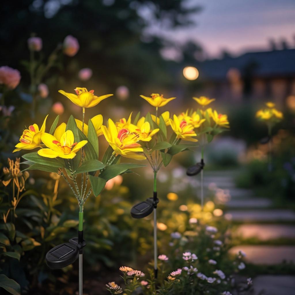 Warm Light Solar Garden Stake Lights Waterproof LED Flower Lights Outdoor Decor for Lawn Patio Backyard Pathway Walkway Night Illumination Yellow