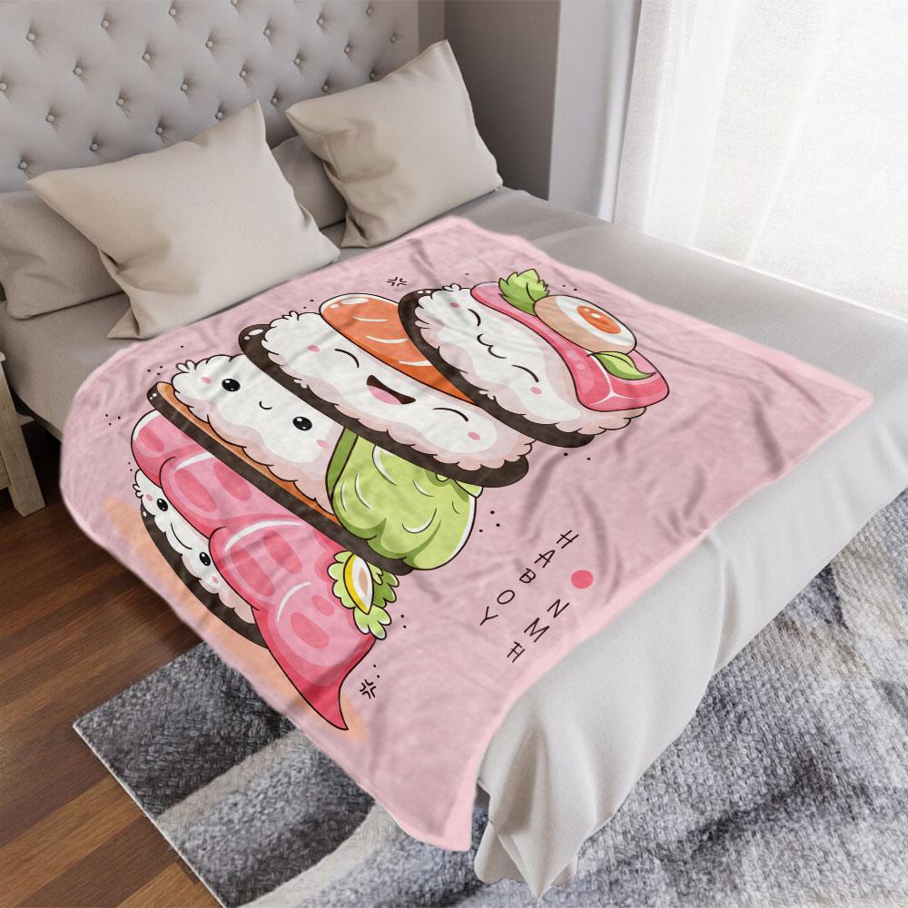 Kawaii Sushi Characters Blanket - A whimsical cartoon illustration of smiling sushi (tuna nigiri, salmon, avocado, pink fish) on