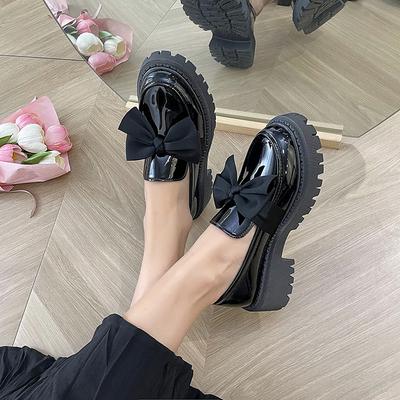 Mode Schleifen Loafer Schuhe Damen 2024 Frühling und Herbst Neu Dicke Sohle Mittelhoch Absatz Lässiger Britischer Stil Retro Kleine Lederschuhe