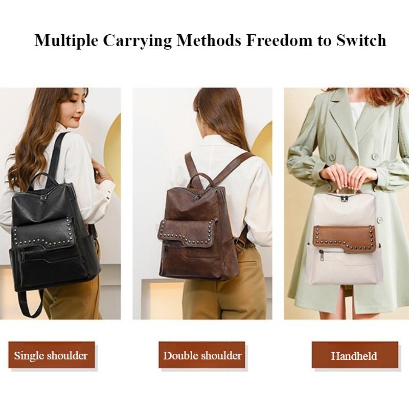 European and American Retro Versatile Women's Backpack High Quality Soft PU Leather College Student Rucksack Trendy Fashion Rivet Outdoor Travel Bag