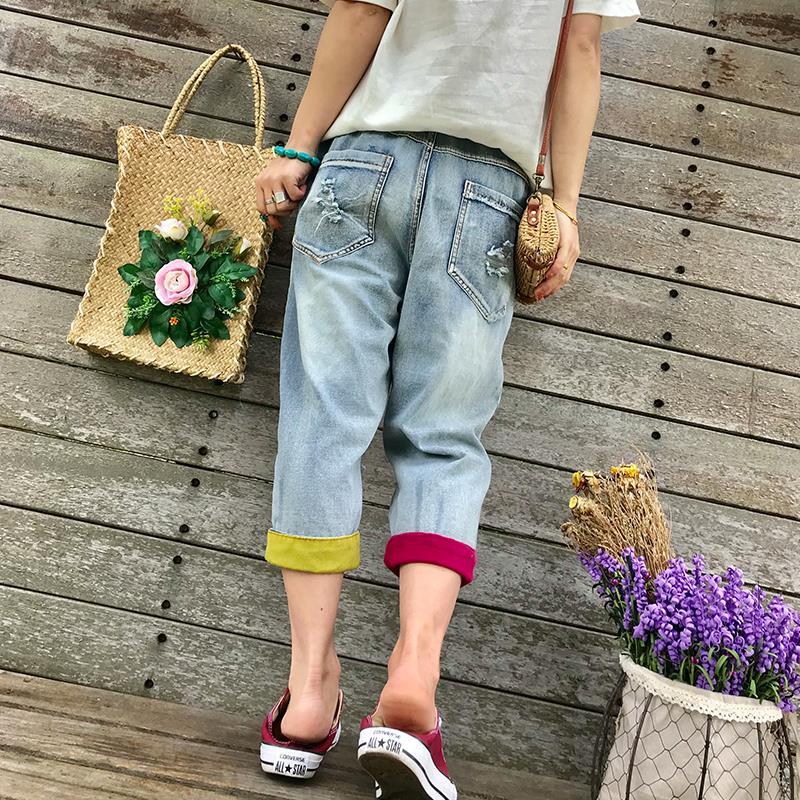 WTEMPO Jeans da donna ricamati a vita elastica con strappi e colore a contrasto, larghi taglie forti, jeans sottili cropped