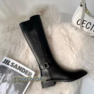 Fashion Designer Female Leather Long Boots 2024 Trend Spring Autumn Knee High Boot Black Comfortable Low Heels Luxury Shoes for Women's