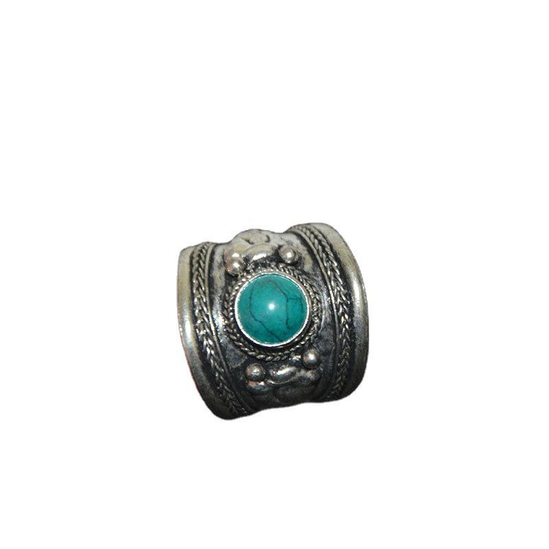 Tibetan Turquoise & Silver Ring, White Copper Open Style, Unisex Nepal Handicraft