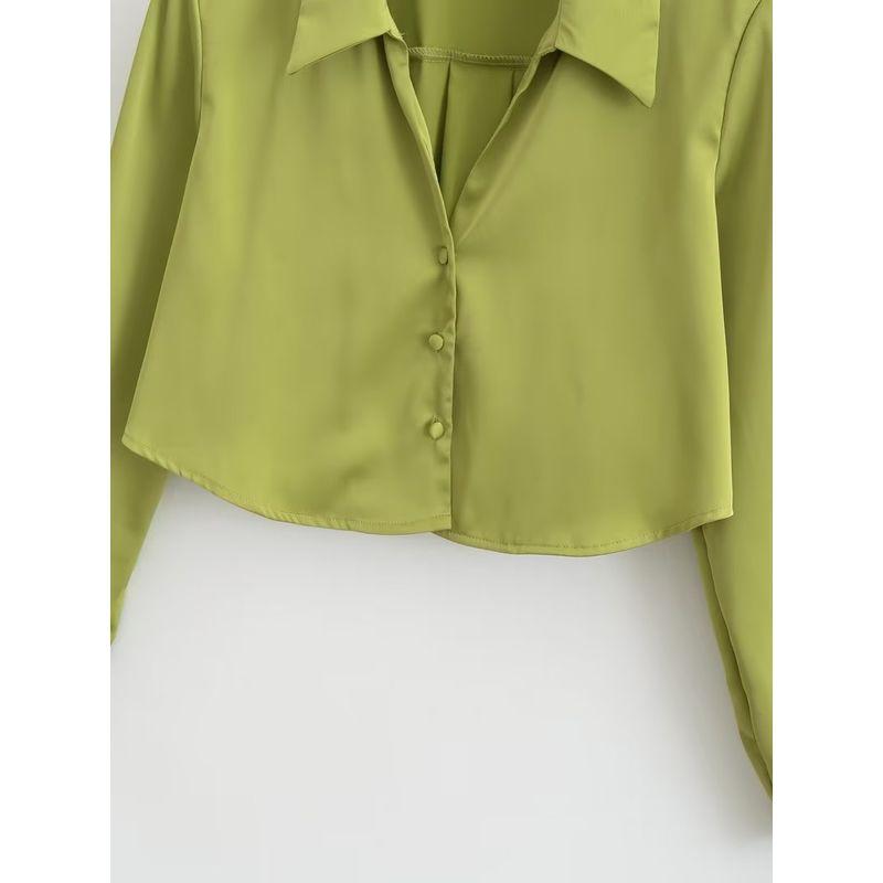 Kaslead Fashion Style Silk Satin Texture Long Sleeves Shirt