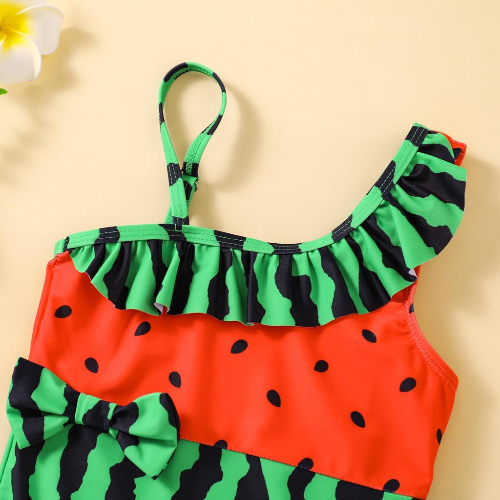 Girls' Watermelon Print One-Shoulder Swimsuit