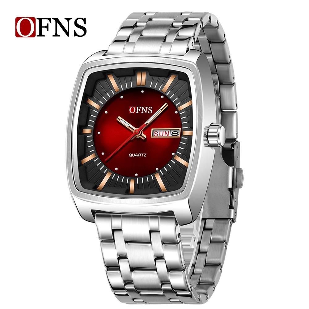 Men Watch Fashion Square Stainless Steel/Silicone Strap Waterproof Luminous Quartz Week Calendar Business Sports WristWatch