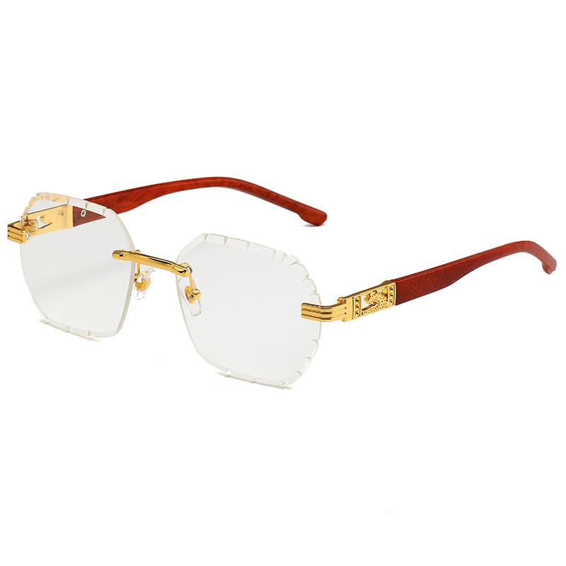 Retro imitation wood grain square sunglasses men's frameless trimmed engraved leopard driving sunglasses men