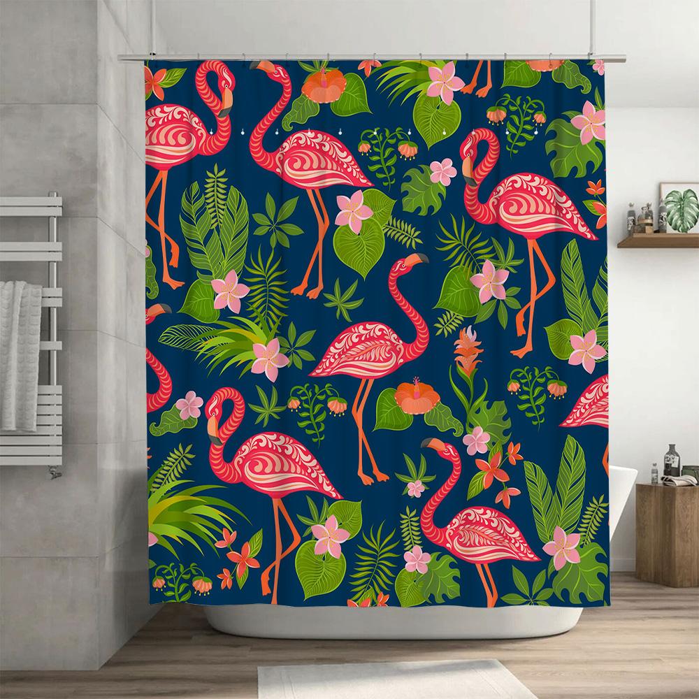 Tropical Floral Shower Curtain with Pink Flamingos Bath Decor Waterproof Fabric Customize Size Available for Bathroom Accessorie