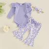 Baby Girl 3 Piece Fall Outfit Long Sleeve Ribbed Romper Daisy Flare Pants Bow Headband