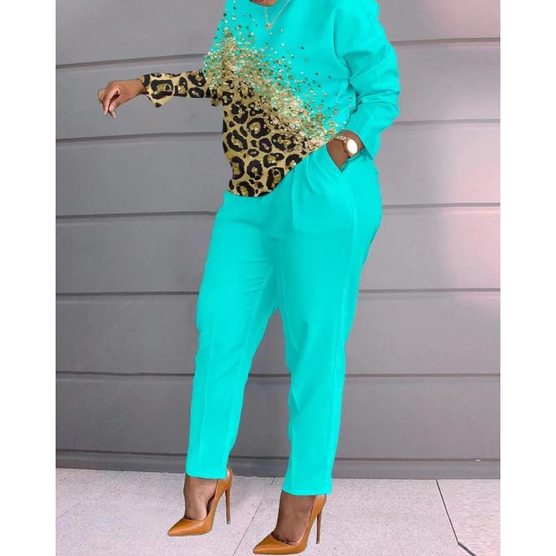 Women's Fashion Casual Spring Autumn Stripe Print Long Sleeve O-Neck Trousers Pants Suits