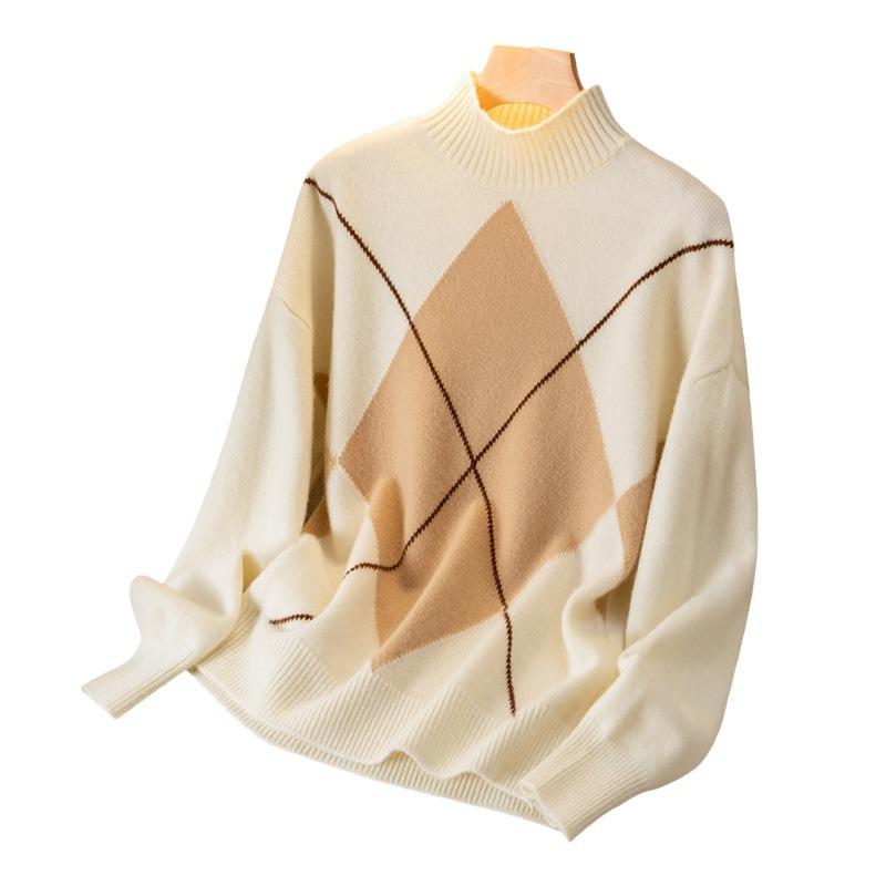 2024 Autumn Women's High Neck Diamond Pattern Wool Sweater - Stylish Versatile Knit Top