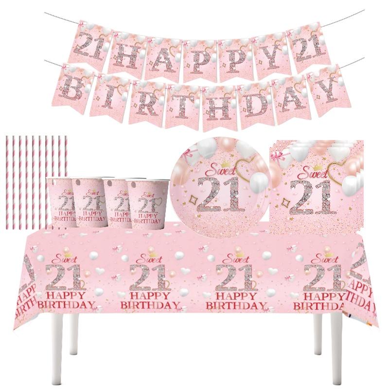 Disposable Party Supplies For 21st Birthday Pink Plates Cups Napkins And Tablecloth Set